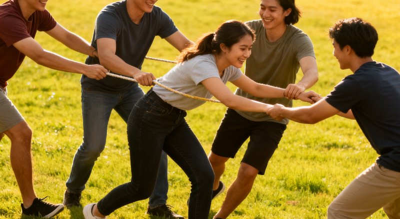 运动心理学文章配图，柔和的灯光下几个人在户外草坪上做团队协作游戏，氛围轻松愉快。
